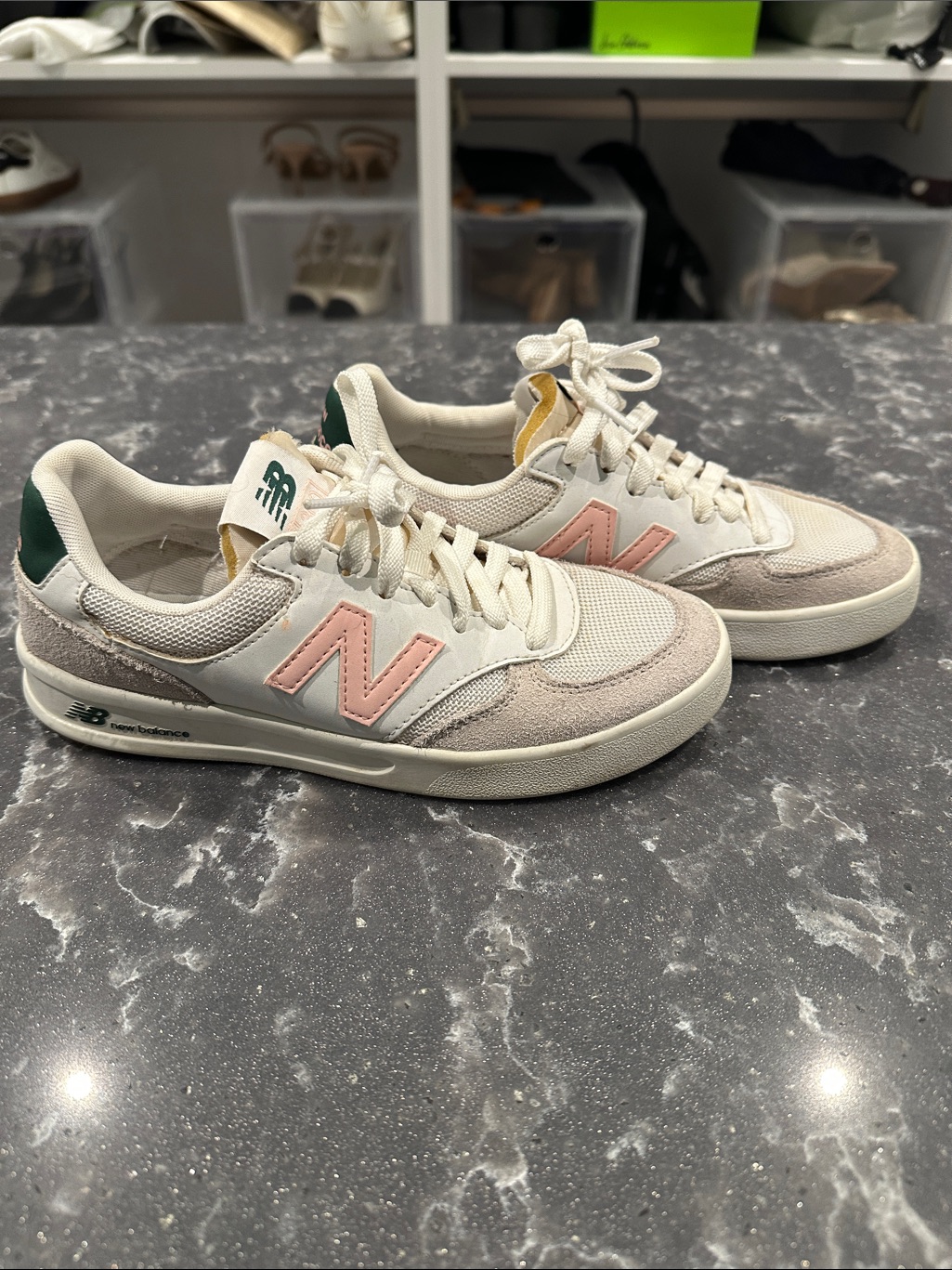 New Balance Cream And Pink Casual Sneakers With Green Heel Accent